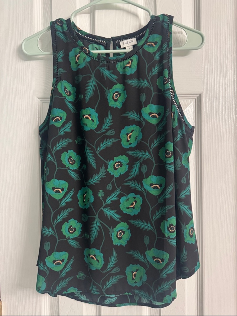 J. Crew Black Sleeveless Blouse with Green Floral Print